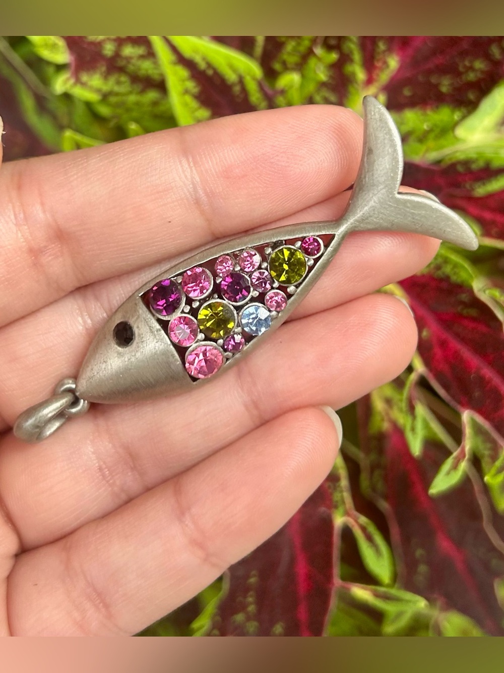 Vintage Brushed Silver Tone Multicolor Rhinestone Fish Pendant